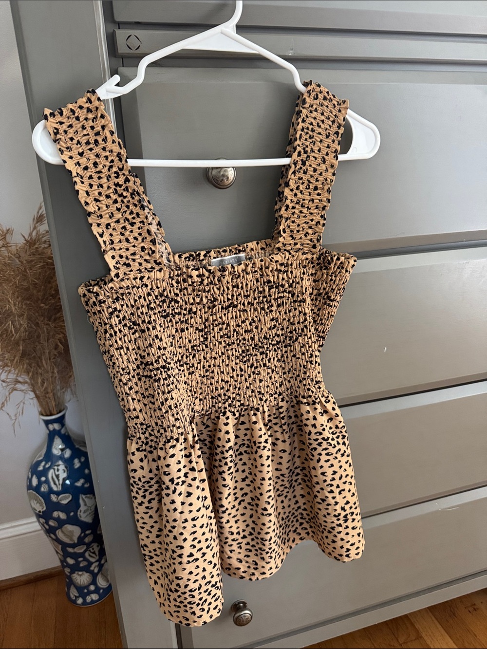 Pleione Tan and Black Smocked Peplum Cami